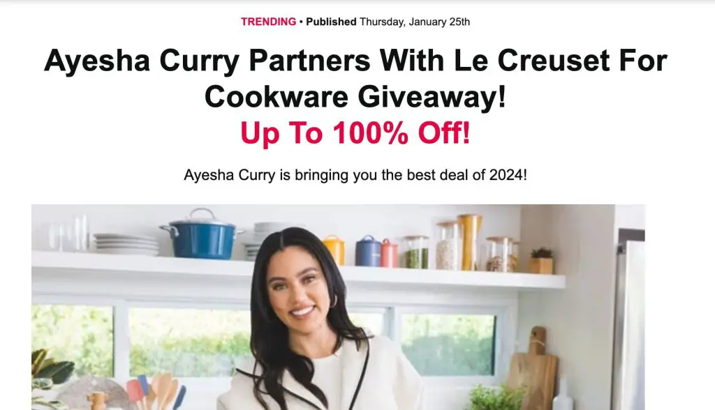 Le Creuset Giveaway Scam from Ayesha Curry Deepfake AI SabiReviews